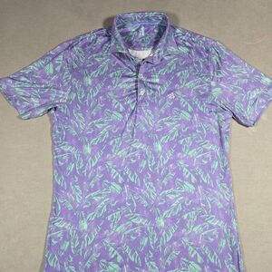 Johnnie-O Purple and Green Leaf Print Featherweight Polp Shirt Size Small